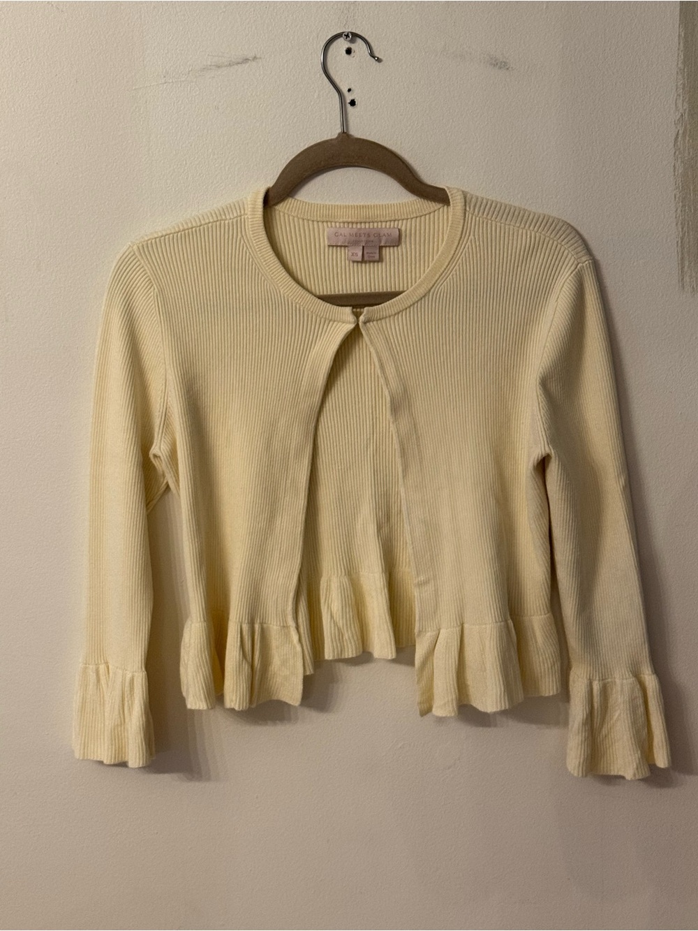 Gal Meets Glam Pale Yellow Ribbed Button-Neck Cardigan